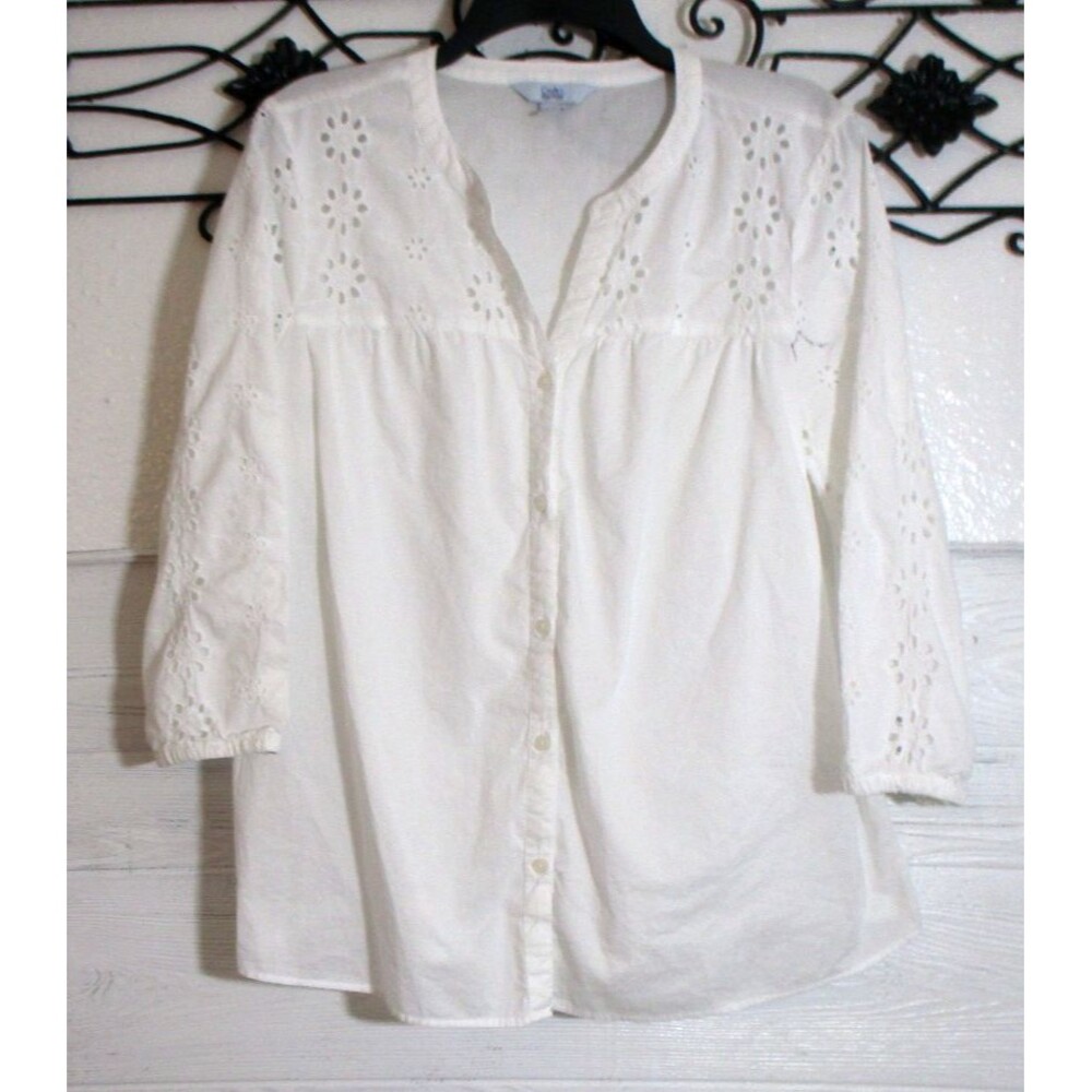 Croft & Barrow Boho Button Up Top Women's Size L Long Sleeve White